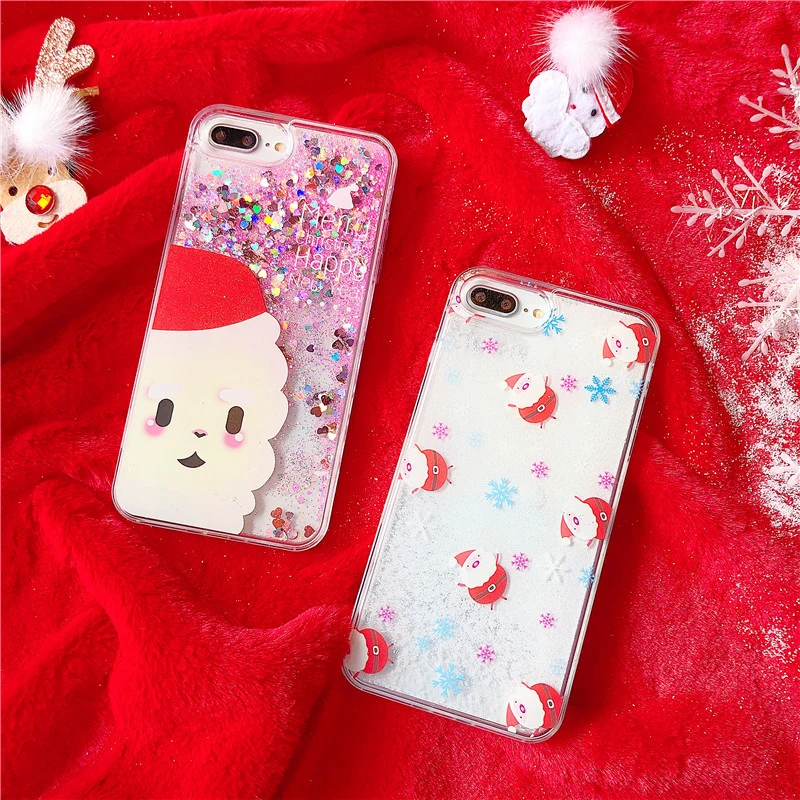 Merry Christmas phone case for iPhone XR XS Max X 6 6S 7 8 Plus Liquid Dynamic snowman deer hard PC +TPU Mobile Back Cover |
