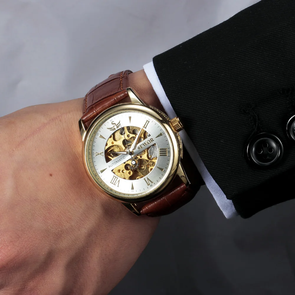 Мужские механические часы скелетоны с кожаным ремешком под давлением|wristwatches