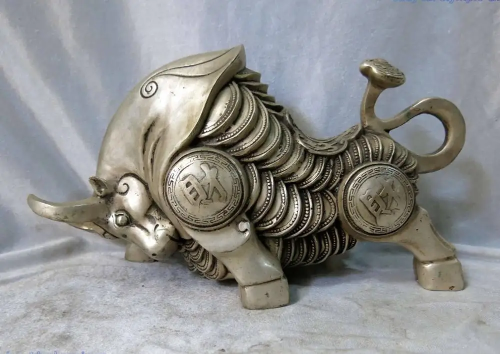 

7" China Silver fine workmanship lucky fortune money cattle ox Sculpture Statue