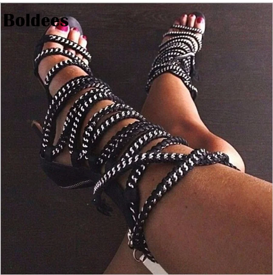 

solid color multi hemp strap crisscross stiletto high heel sandals fashion ankle lace-up knot embellished sandal shoes