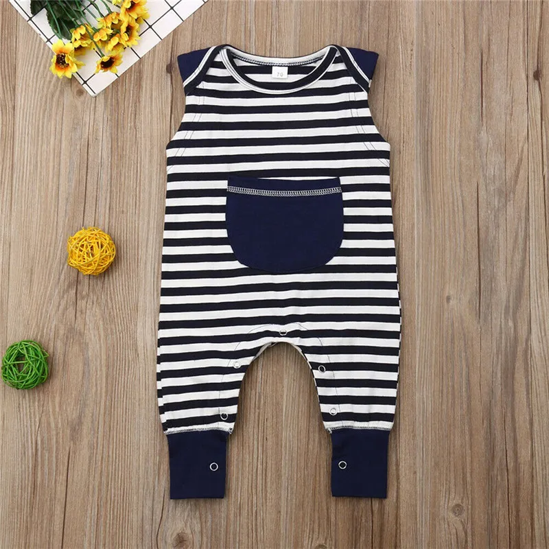 Summer Sleeveless Pocket Striped O-Neck Outfit Jumpsuit Costume Clothes Clothing Newborn Infant Toddler Baby Boy Girl Romper | Мать и