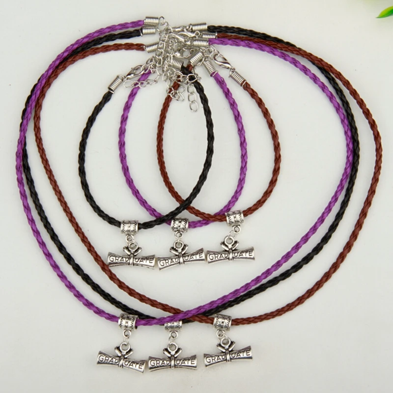 Hot 6set/lot Antique Silver Graduate Diploma Charm Pendant Multi Braided Leather Rope Necklace Bracelets Set Women Jewelry A258 | Украшения