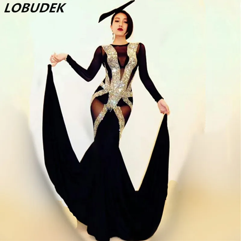 Сексуальный женский костюм для выступлений певиц серебристые Стразы черный