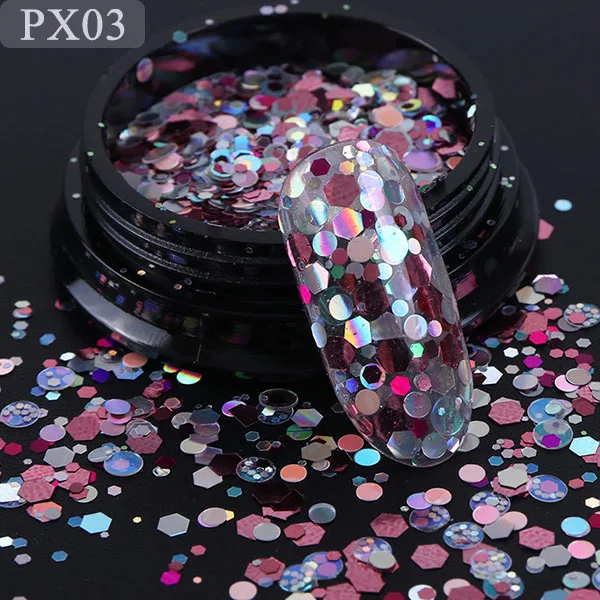 PX03 3D Круглый шестиугольник смешанные блестки гвозди чешуйчатая голографическая ногтей блестящая пудра акрил DIY Русалка Paillette маникюр Советы CHPX01-12 - Цвет: PX03