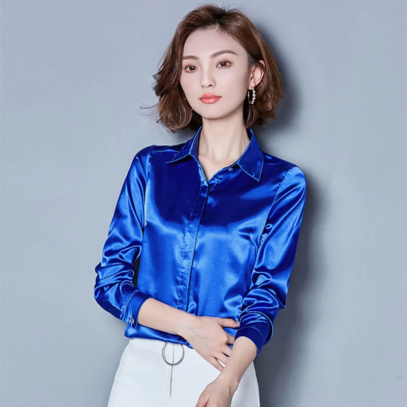 2018 весенне летняя блузка атласная имитация шелка женские топы женская с длинным