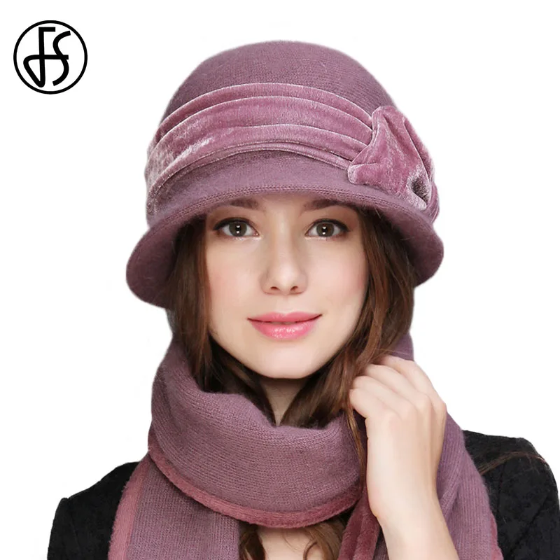 

FS Women Wool Rabbit Fur Knitted Fedora Hat Fashion Vintage Wide Brim Female Winter Hats Neck Warmer Cap With Scarf