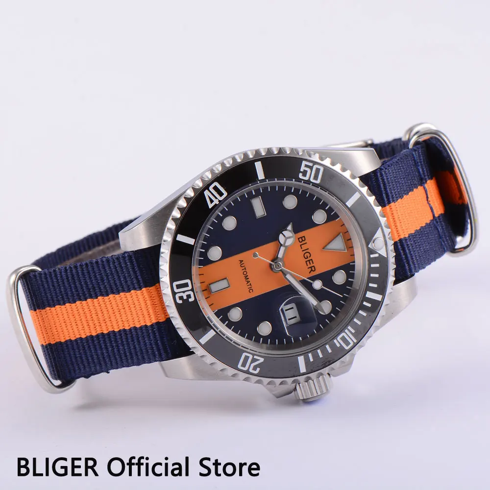 Специальная конструкция 40 мм Bliger синий orange циферблат Дата Лупа черный