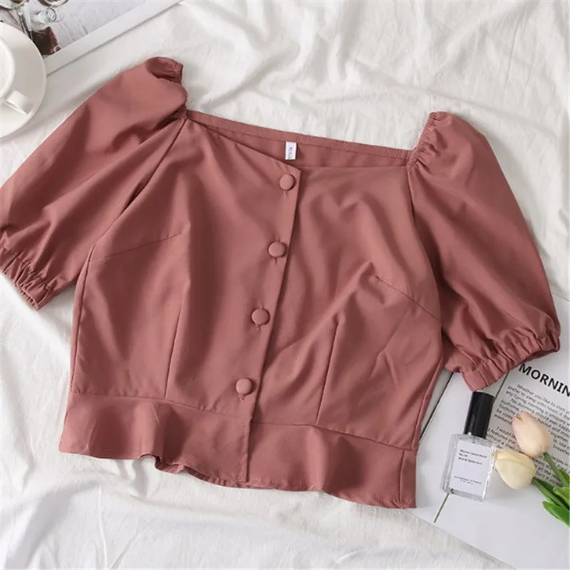 Новинка лета 2019 однотонный однобортный облегающий короткий топ в стиле ретро с