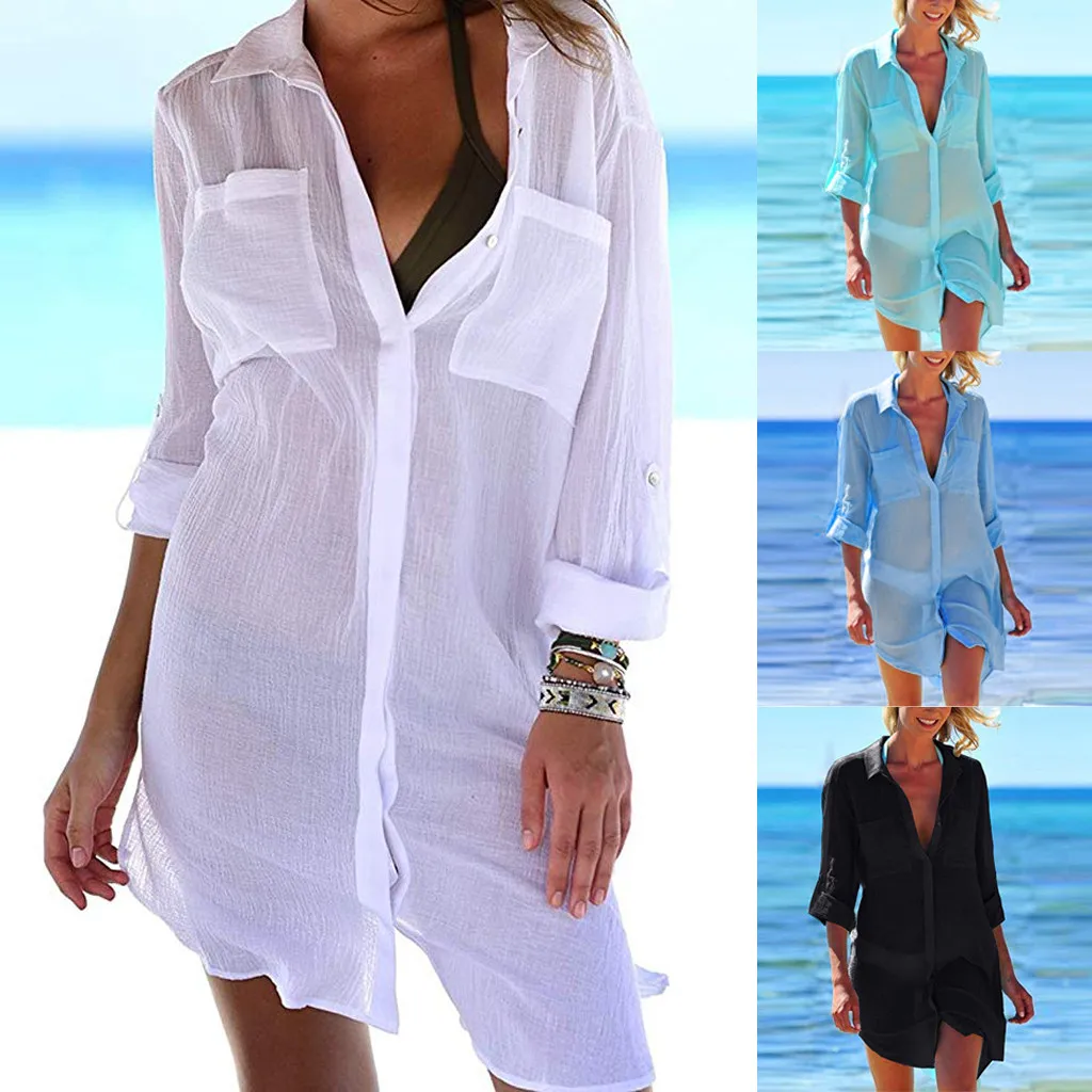 Solid Women Swimwear Beach Cover Up Perspective Beach Dress Kaftan Beach Wear Blouse Shirts Pareos De Playa Saida De Praia