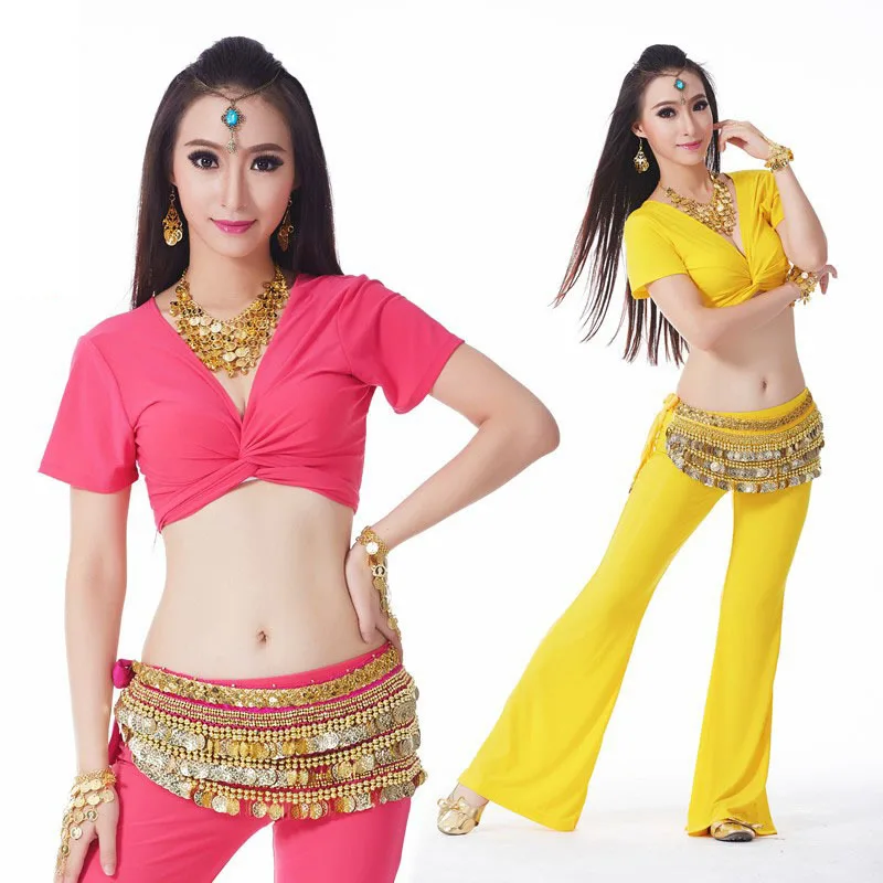 

New cheap women sexy crystal cotton short-sleeve training pants set belly dance practice costume 3 pcs for sale