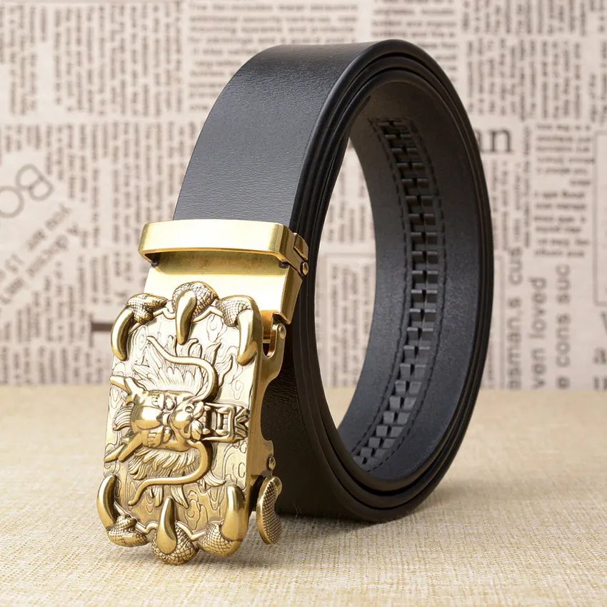 black gold buckle Новая известная китайская пряжка в виде дракона мужской ремень из бычьей кожи Подлинная Роскошная кожа мужские ремни для мужчин, ремень мужской металлический Автоматическая пряжка - Color: black gold buckle