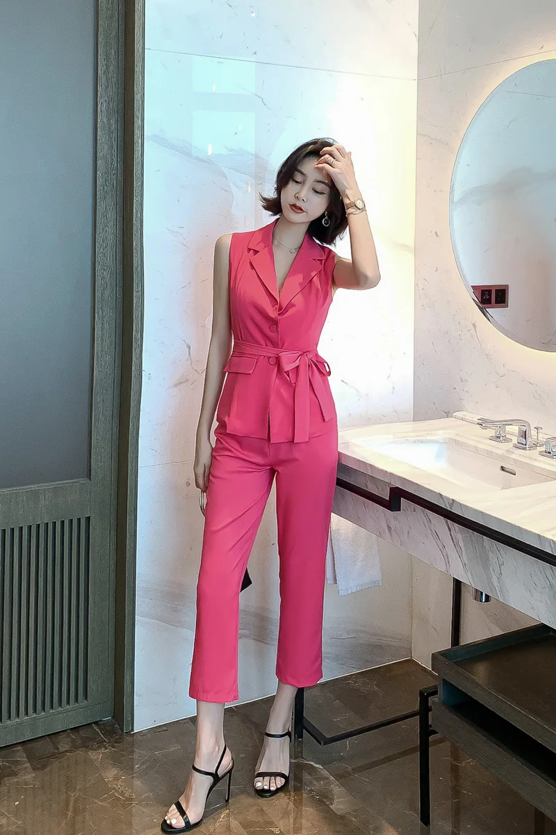 Элегантные офисные костюмы для женщин розовые топы без рукавов с поясом и
