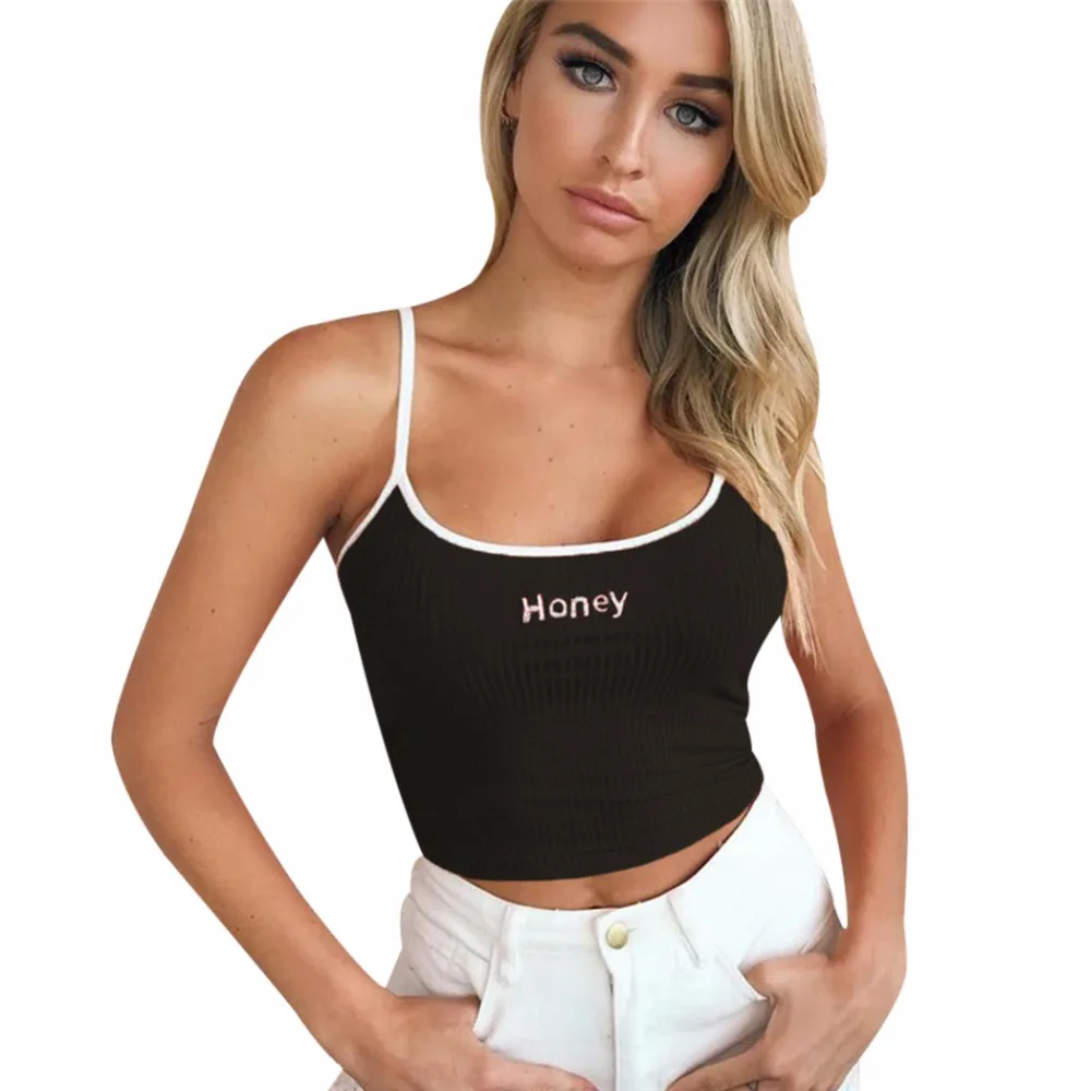 Women Letter Camisole Tops Embroidery Honey Printed Cropped Sexy Black Backless Strap Crop Top Bralet | Женская одежда