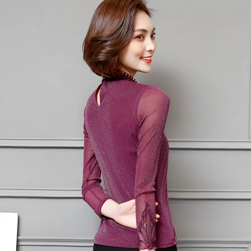 DHfinery lace women spring autumn stand long sleeve Flower embroidery perspective mesh black purple Elegant tops S6161