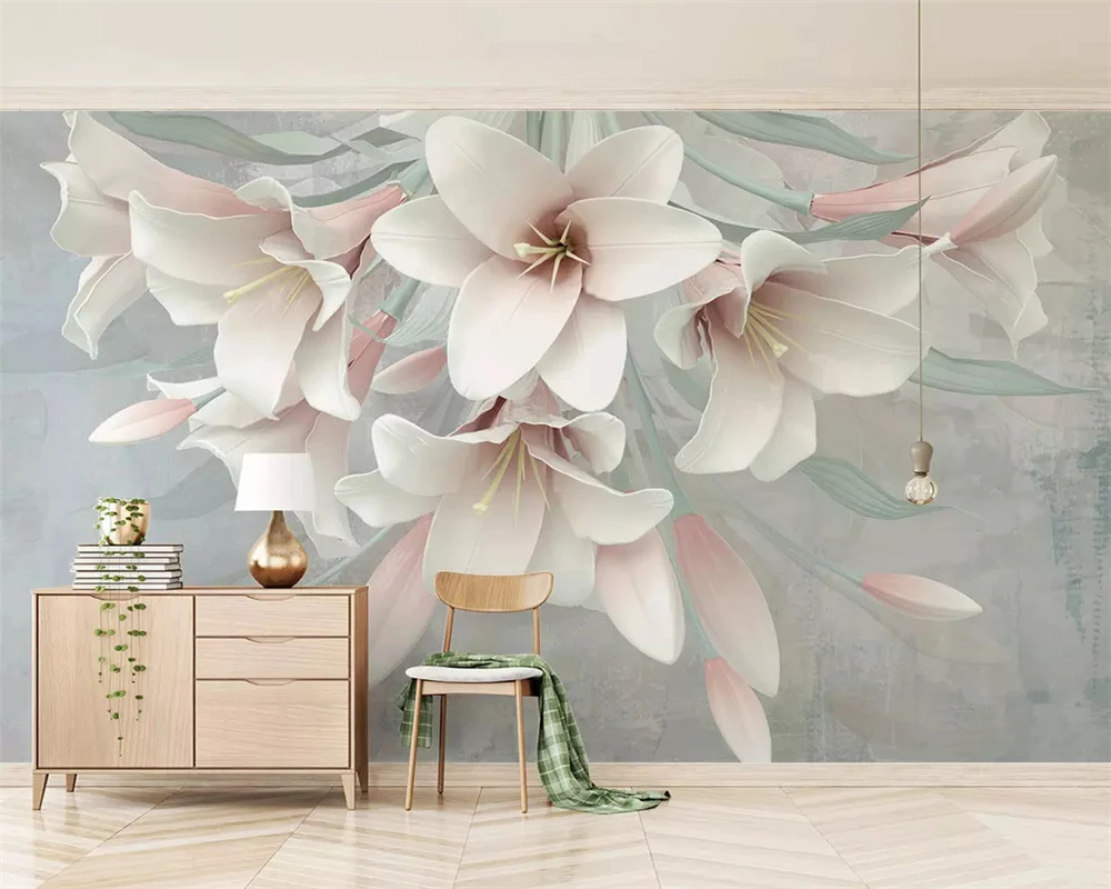 Beibehang papel de parede Customized 2019 новые модные красивые 3d стерео розовые лилии рельефные