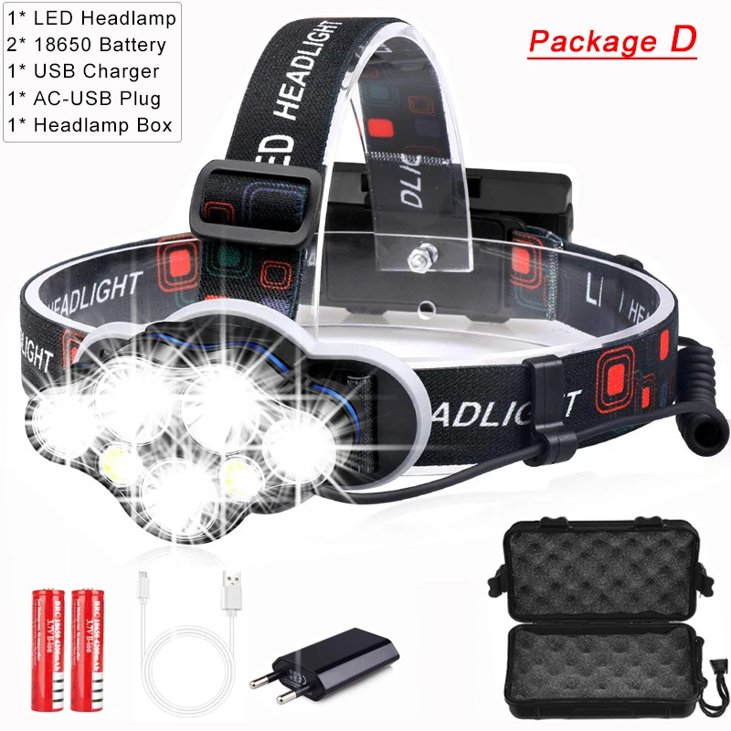 Package D 40000LM мощная фара USB заряжаемый прожектор 7 светодиодный фонарь Водонепроницаемый лобовой фонарь Головной фонарь фонарик Фонарь - Испускаемый цвет: Package D