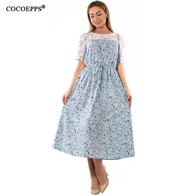 COCOEPPS Women Large Size Lace Floral Print Dress Ladies O Neck Summer Vintage Dresses Big Casual Loose Vestidos | Женская одежда