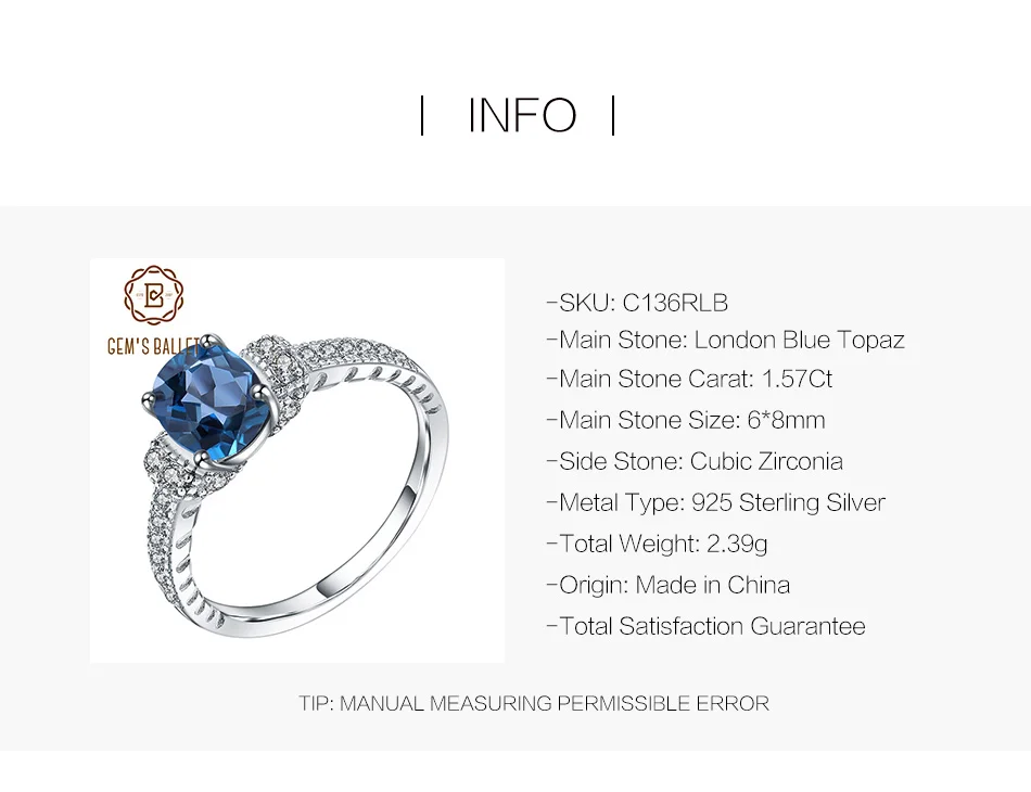 GEM'S BALLET 925 пробы серебряные кольца для женщин 1.57Ct натуральный Овальный Лондон Голубой топаз драгоценный камень кольцо хорошее ювелирное изделие