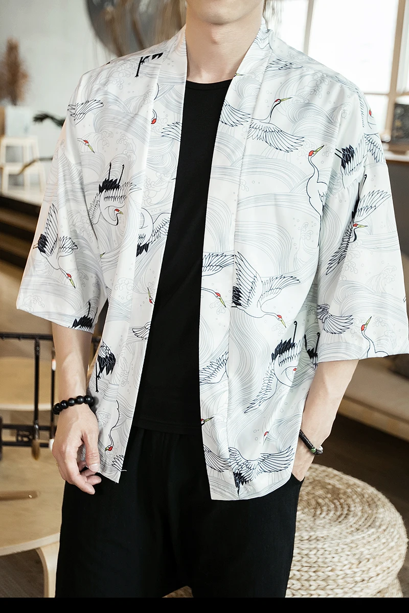 

Harajuku thin cardigan outwear coat mens kimono Chinese clothes Loose streetwear Cranes printed summer casual Hip Hop jackets