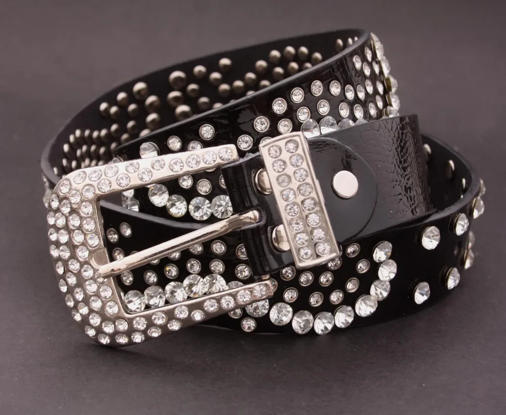 Черный кожаный ремень в стиле вестерн Bling С кристалалми и стразами и шипами модный поясной ремень