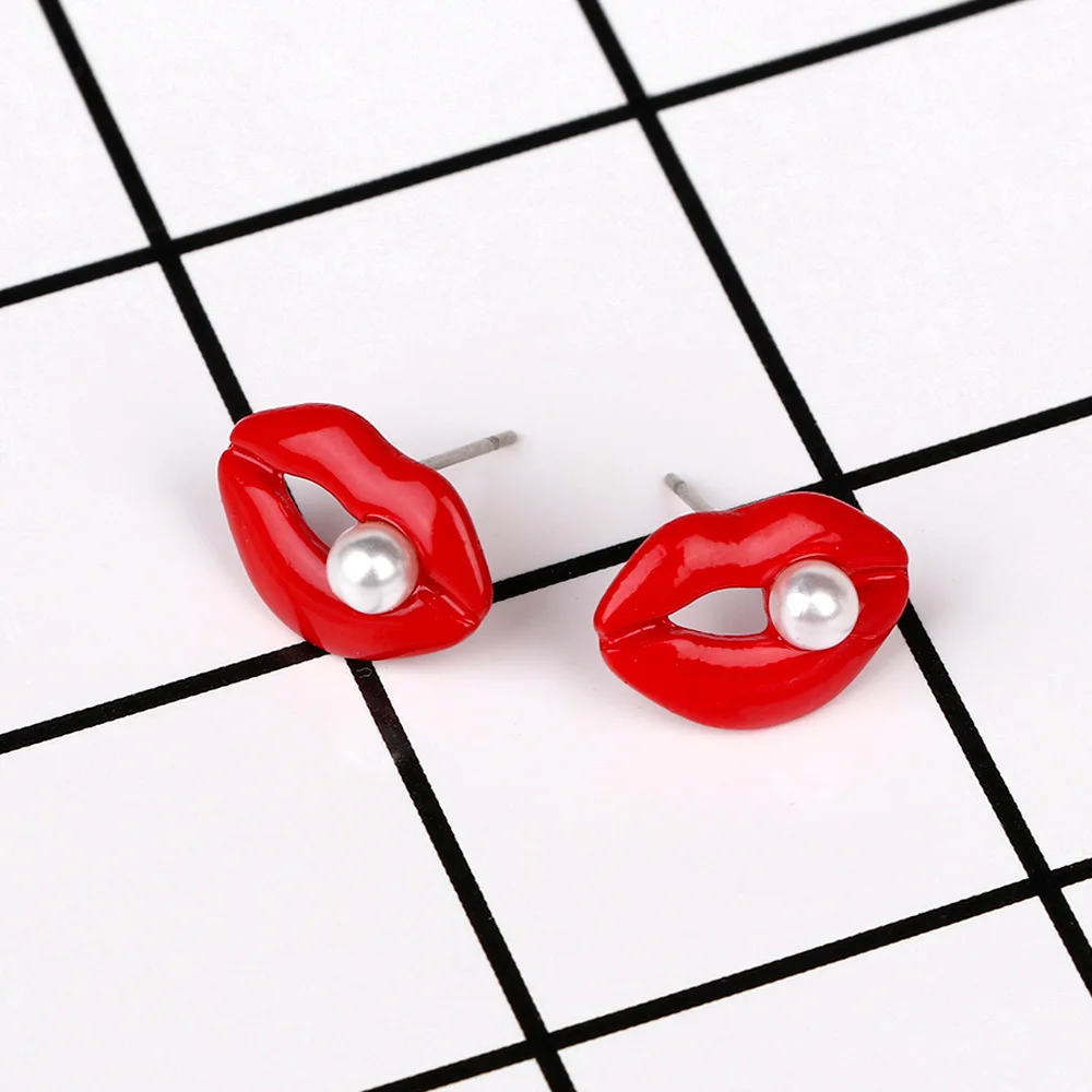 1 пара креативных жемчужных сережек с красными губами эмаль для глаз после