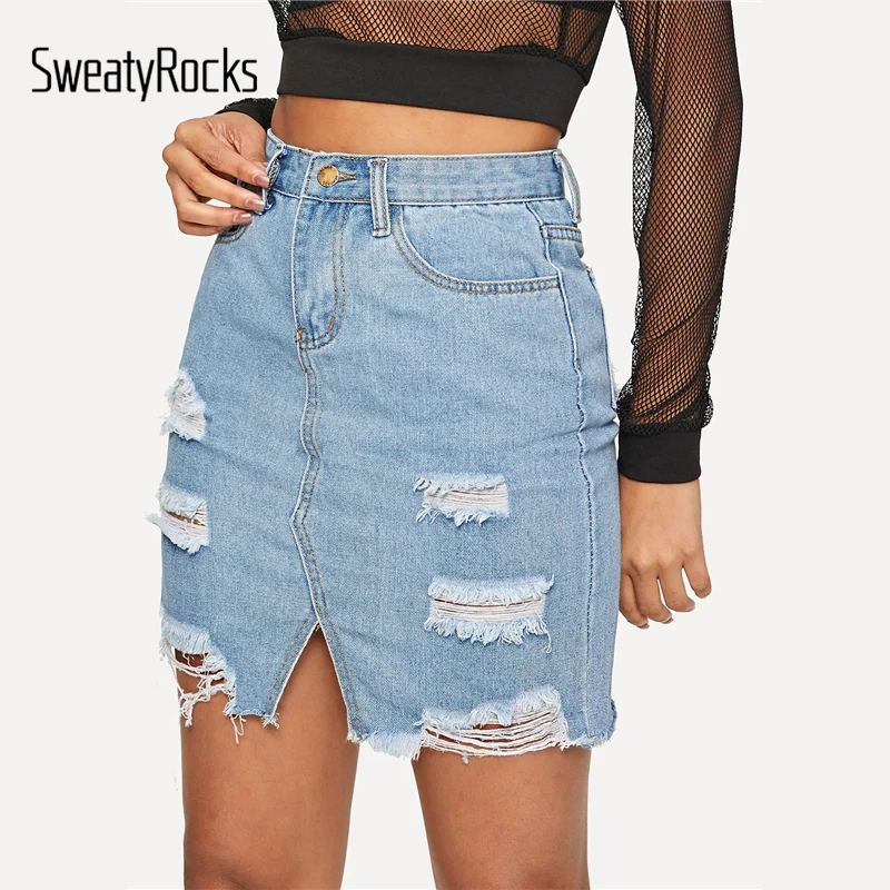 SweatyRocks рваные потертые края джинсовая юбка Уличная Высокая талия синяя юбка карандаш Летняя мода женские мини юбки