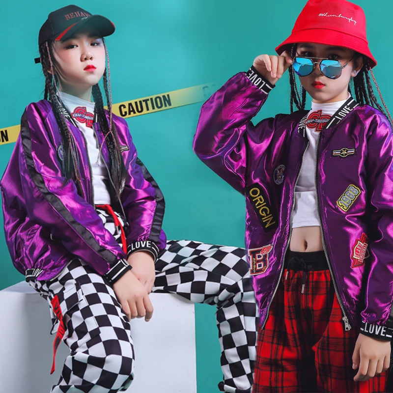 2019 New Children Street Jazz Dance Costume Suit Boys Girls Modern Hip Hop Clothing Purple Jacket Plaid Pants Tide DL3573 | Тематическая