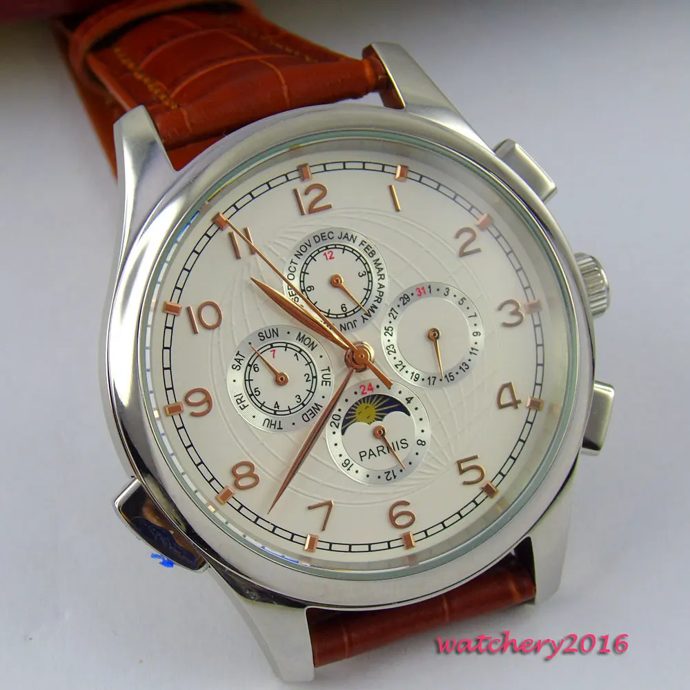 Мужские часы parnis с белым циферблатом и золотым покрытием 44 мм|watch men|watch men watchwatch watch