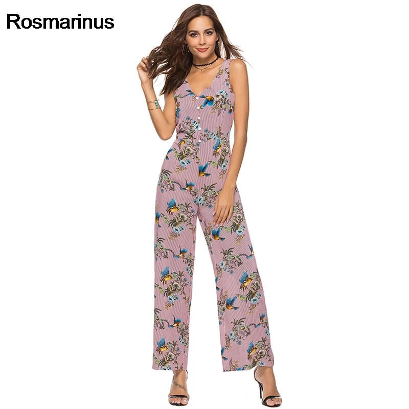 Цветочный комбинезон женский с длинными штанами летний v-образный вырез без