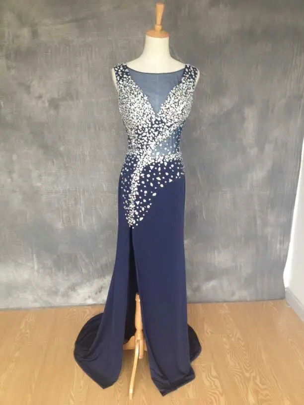2015 vestido de formatura темно синий пикантный Разделение бисерное платье для выпускного