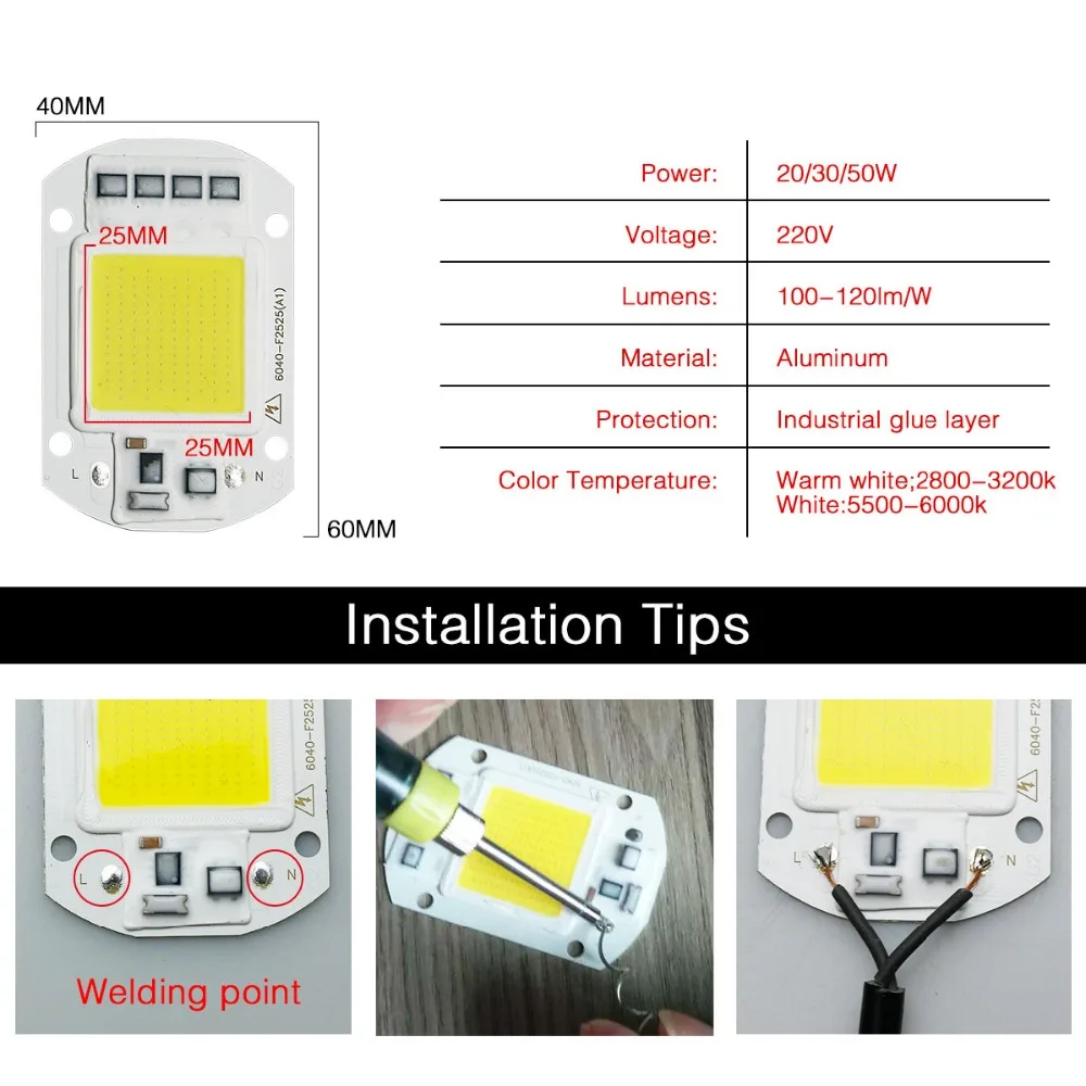 Vacamm Smart IC высокомощный светодиодный COB Чип 20 Вт 30 50 110 В 220 DIY прожектор теплый