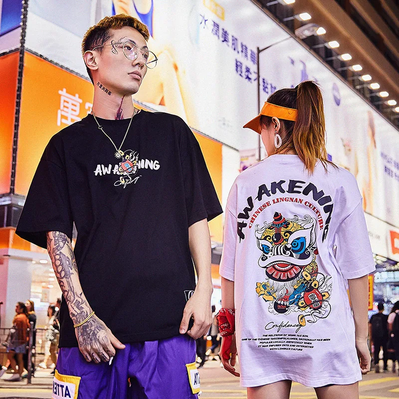 Special Japanese Tide brand short-sleeved men and women summer street hip hop T-shirt Chinese style lovers with half sleeves | Мужская