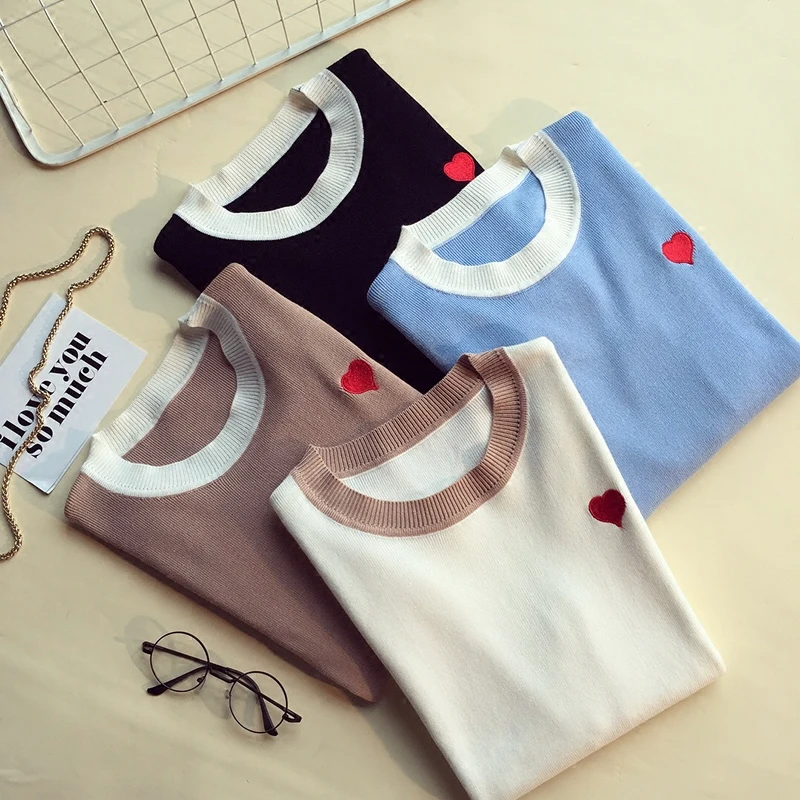 2018 Spring Autumn Knitted Women Sweater Fashion Casual Pullover Jumper O-Neck Outwear Embroidery Heart Shape Female | Женская одежда