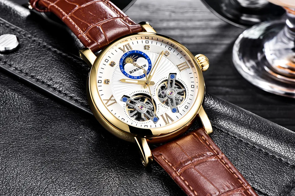 BINSSAW Мужские автоматические механические стальные двойные Tourbillon Роскошные кожаные часы модные деловые спортивные часы Relogio Masculino