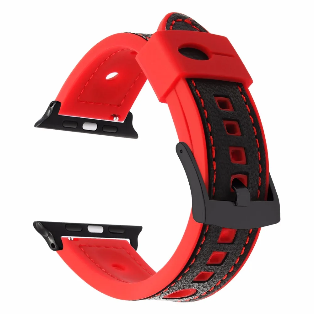 Genuine Leather &amp Silicone Watchband for iWatch Apple Watch 38mm 40mm 42mm 44mm Series 5 4 3 2 1 Rubber Band Steel Clasp Strap | Наручные