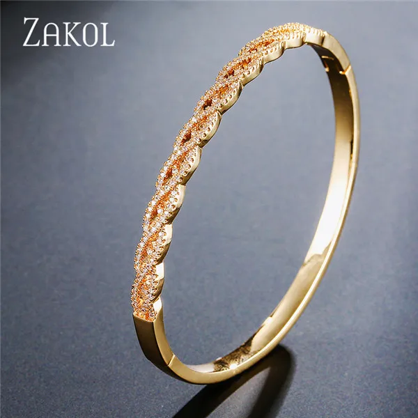 Gold Роскошные браслеты ZAKOL с фианитами ААА, кристаллами розового золота, браслеты для женщин, свадебные украшения FSBP159 - Окраска металла: Gold