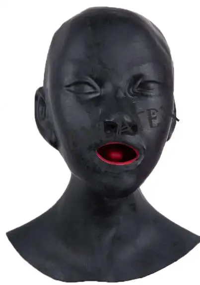 Black with red mouth Латекс фетиш маска унисекс резиновый капюшон анатомическая Тяжелая маска выстроились с красным ртом оболочка язык и нос трубка женский капюшон БДСМ - Цвет: Black with red mouth