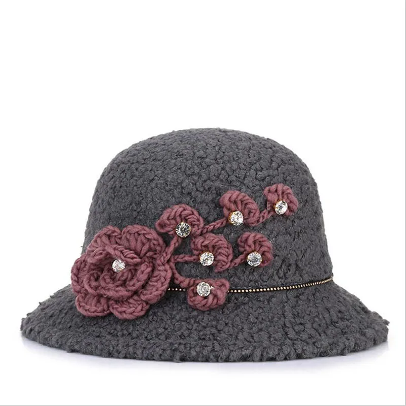 

BINGYUANHAOXUAN Women's Autumn Winter Fedora Hat Casual Imitation Lamb Hair with Wide Brim & Flowers Collapsible