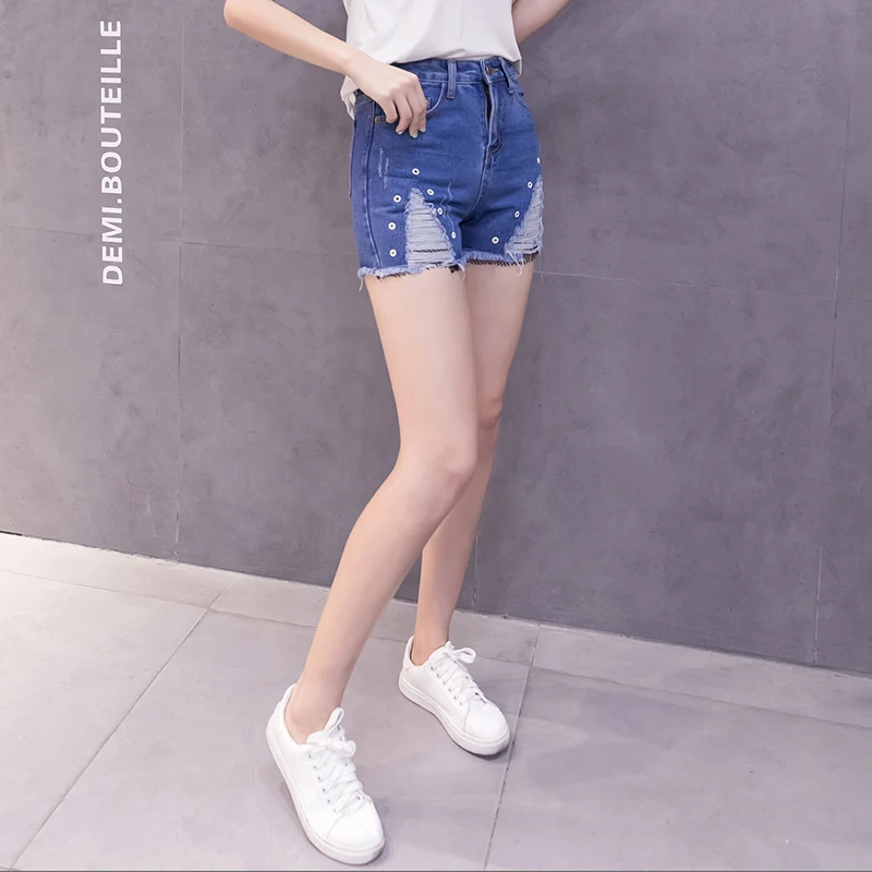 Женские летние джинсовые шорты с высокой талией и дырками 2018|Женские шорты| |