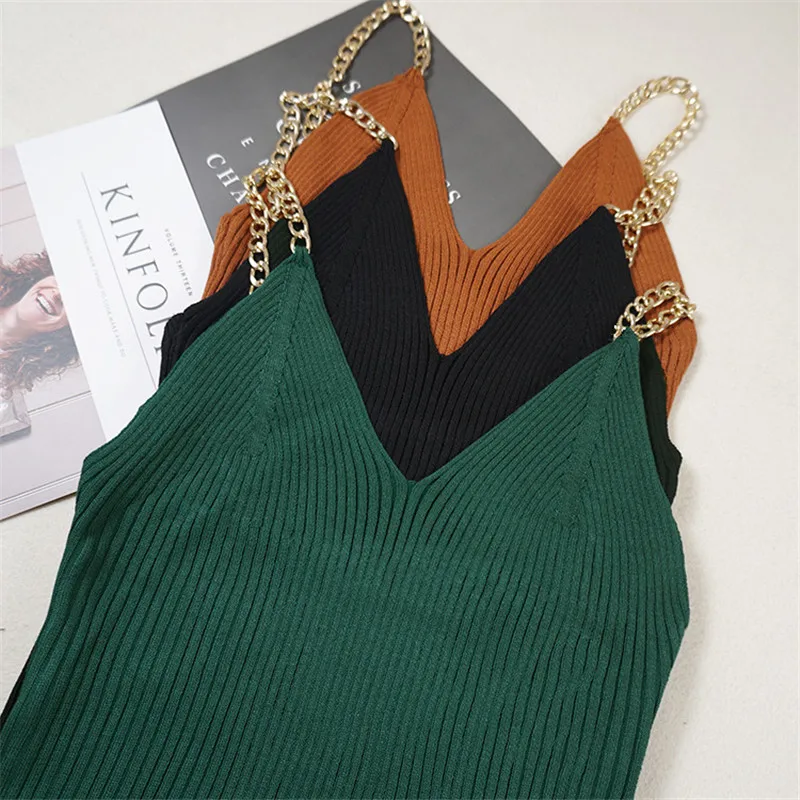 

Sanishroly New Spring Women Sweater Tank Solid Metal Chain Knitted Camis Ladies V-Neck Bottoming Camis Sleeveless Vest Tops S478