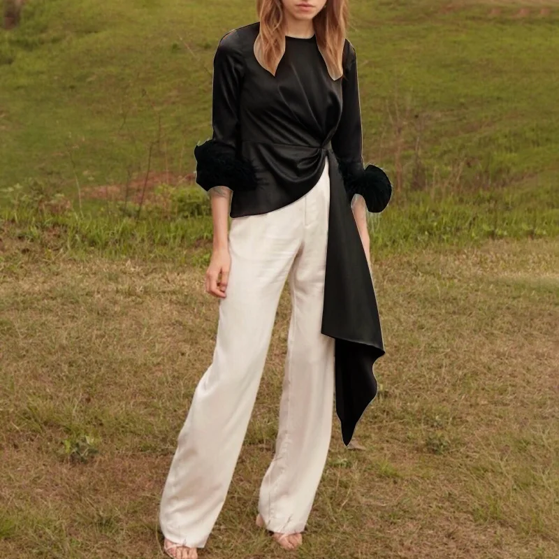 

OXANT Asymmetrical Pullover Tops Female Three Quarter Patchwork Feathers Women's T-shirts Irregular Clothes 2019 Autum
