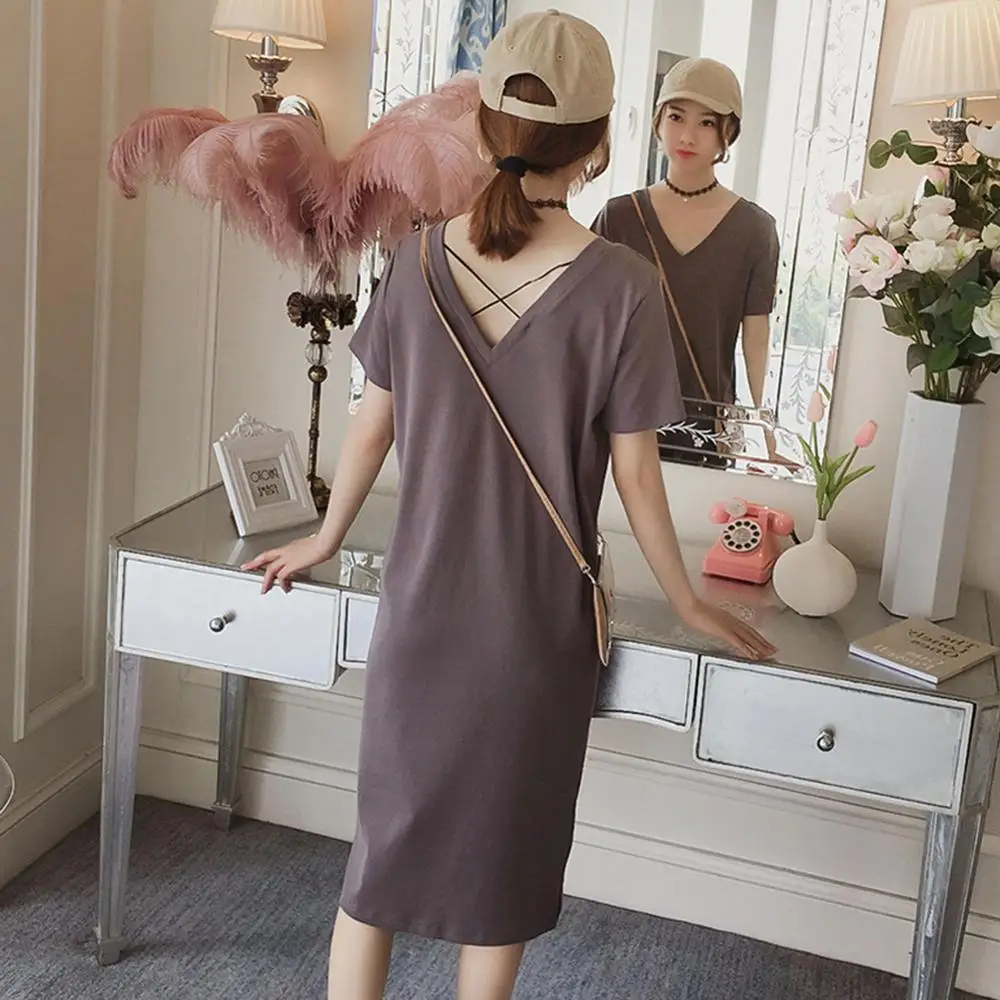 

V-neck Short Sleeve Solid Party Skirts Loose Straight Fashion Elegant Feminina Vestidos Casual Vintage Women Summer 2018
