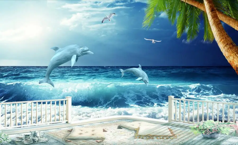 

Custom 3d wallpapers for wall Dolphin Coconut Tree wallpaper for bedroom walls TV backdrop 3d living room wallpaper 3d mural