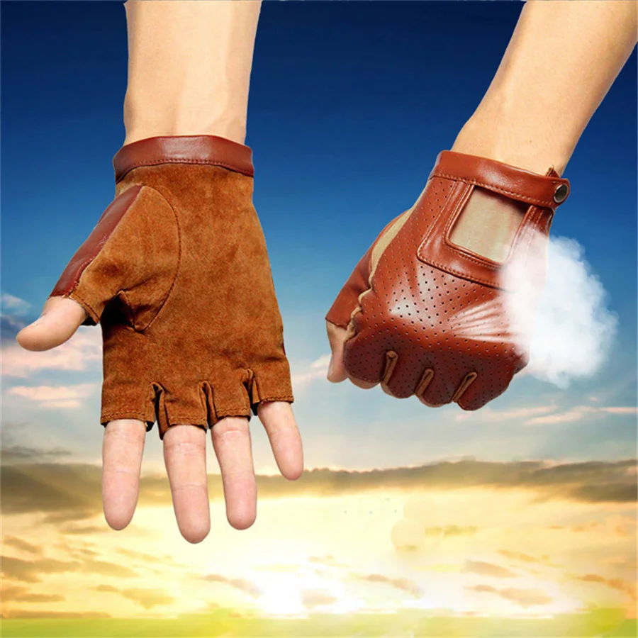 New Men's Half Finger Real Leather Gloves Driving Unlined Sheepskin Fingerless Gloves Fingerless Gloves Fitness Gloves NA1