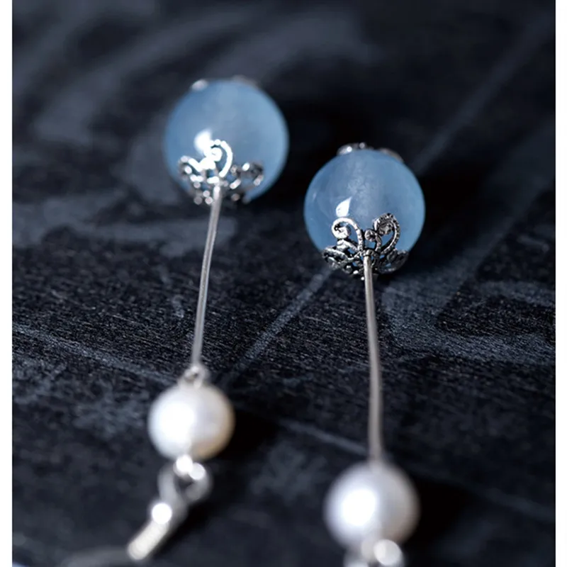 Женские серьги подвески из тайского серебра с натуральным