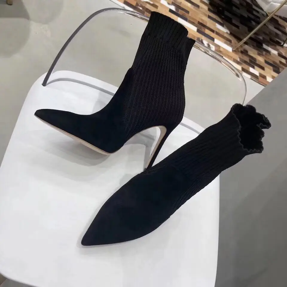 

Free Shipping fashion women boots black KNITTING Point toe high heels ankle sock boots martin boots