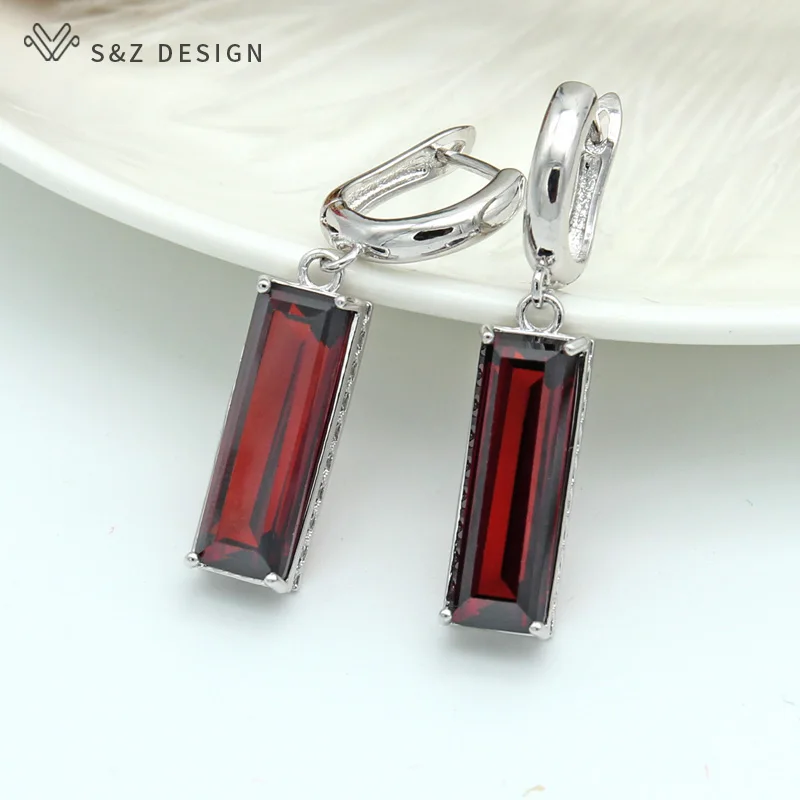 Серьги подвески S & Z из белого золота 2019 квадратных турмалина граната с красным