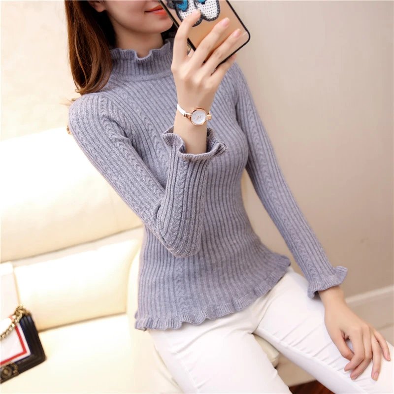 Shu love Princess 2021 autumn new Korean long sleeved black fungus semi turtleneck slim shirt knit sweater | Женская одежда