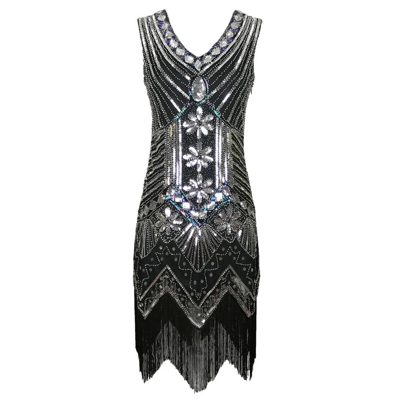 black plus silver Женское винтажное платье в стиле Грейт Гэтсби 1920 года, платье с блестками в стиле арт-деко, платье с двойным v-образным вырезом и кисточками, облегающее платье для вечеринки с бисером - Цвет: black plus silver