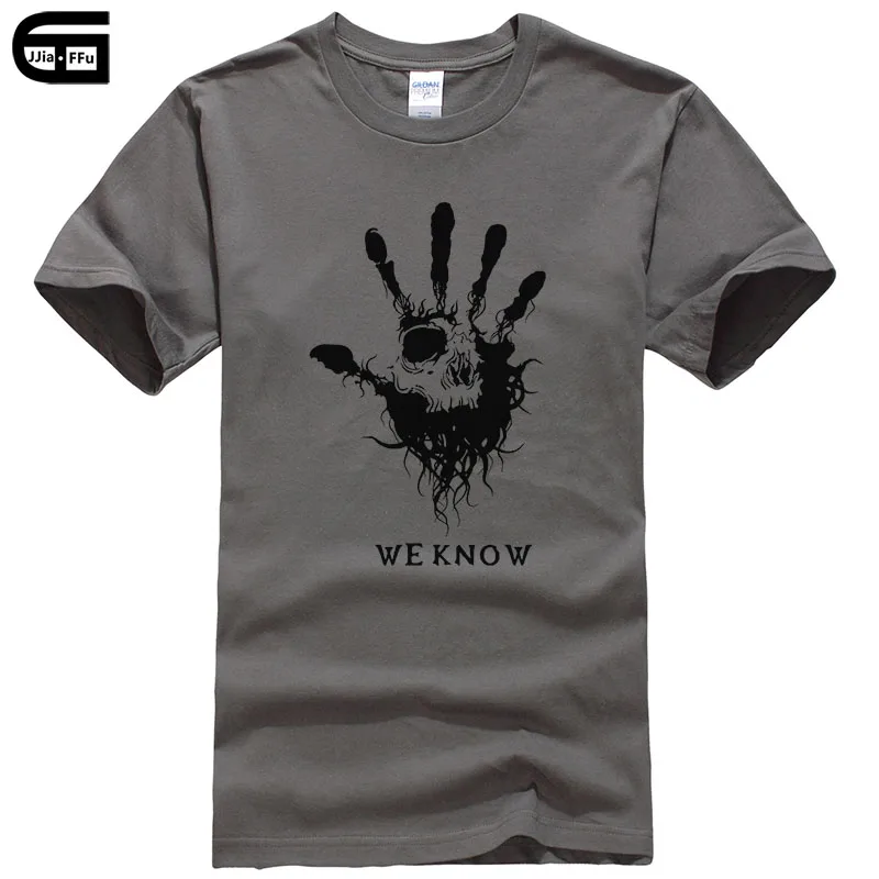 Dark gray We know Skyrim Футболка мужская мода мультфильм Лето короткий рукав забавная футболка хлопковая Футболка с принтом Мужские крутые футболки T339 - Цвет: Dark gray
